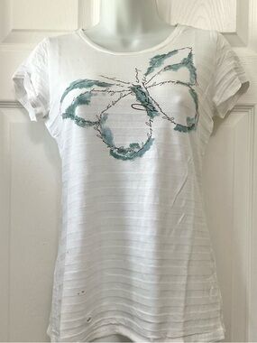 White Short Sleeve Tee with Teal Butterfly Graphic
